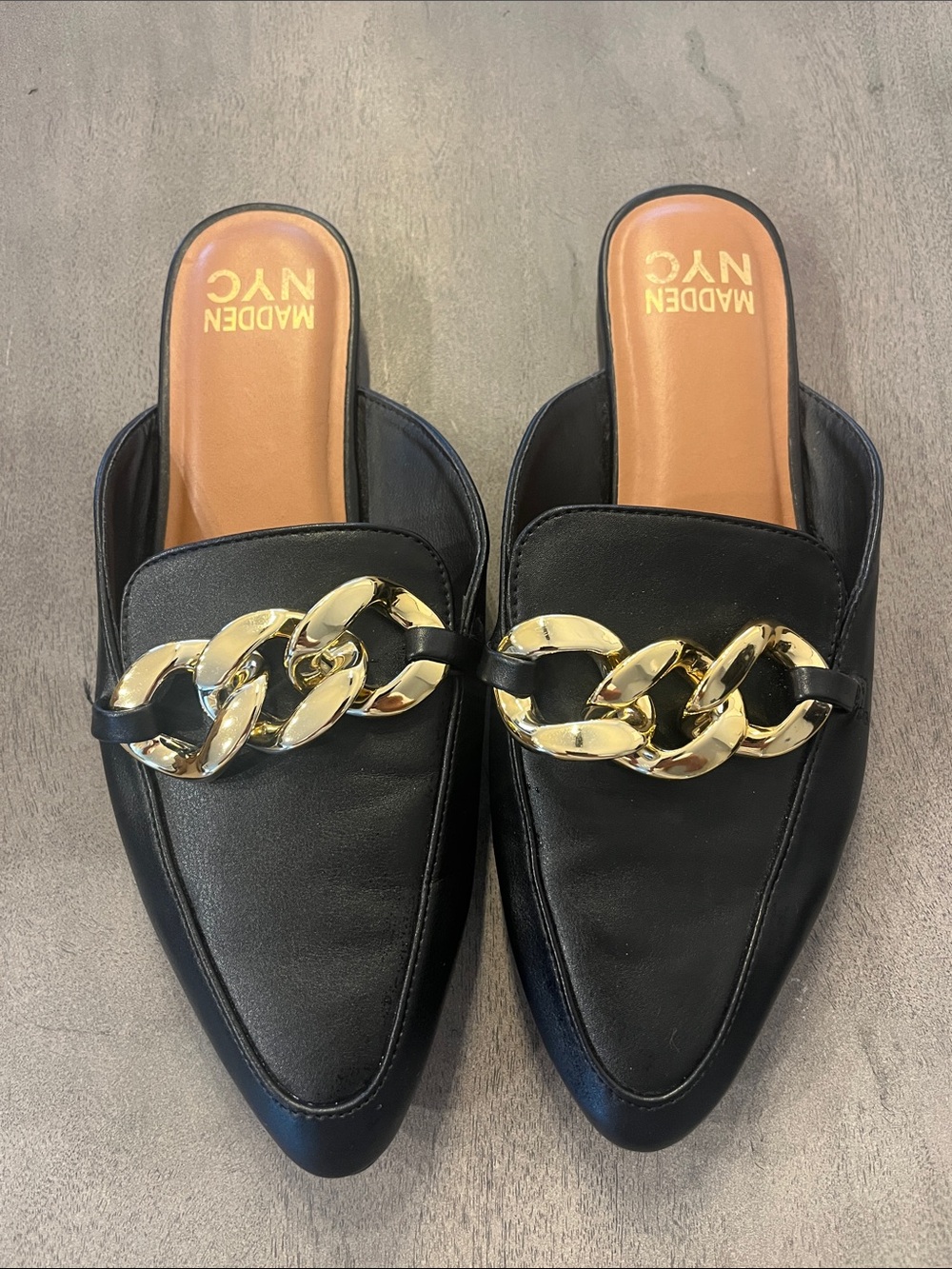 Madden Girl Black Leather Mule with Gold Chain